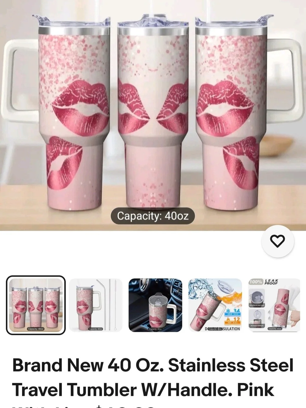 Pink Lips Kiss Print 40oz Stainless Steel Insulated Tumbler W/Side Handle